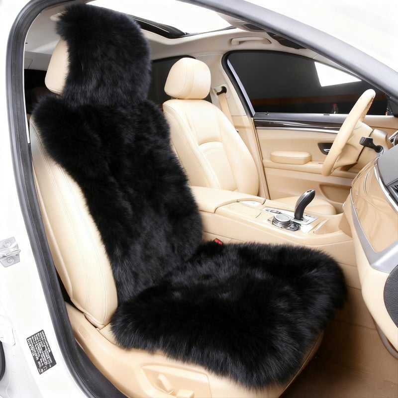 OGLAND Sheepskin Fur Car Seat Covers, Universal Size Australian Long Wool Car Seat Cushion for Adult Man Women, 1 Piece Seat (Black) - Image 3